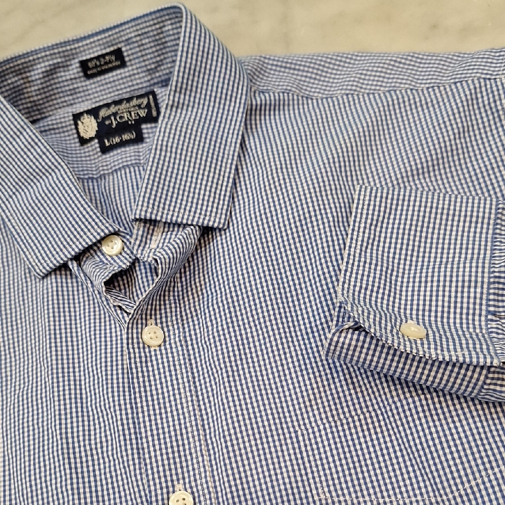 J. Crew Blue‎ White Gingham Casual Button Up Shirt Preppy Large Mens Unisex